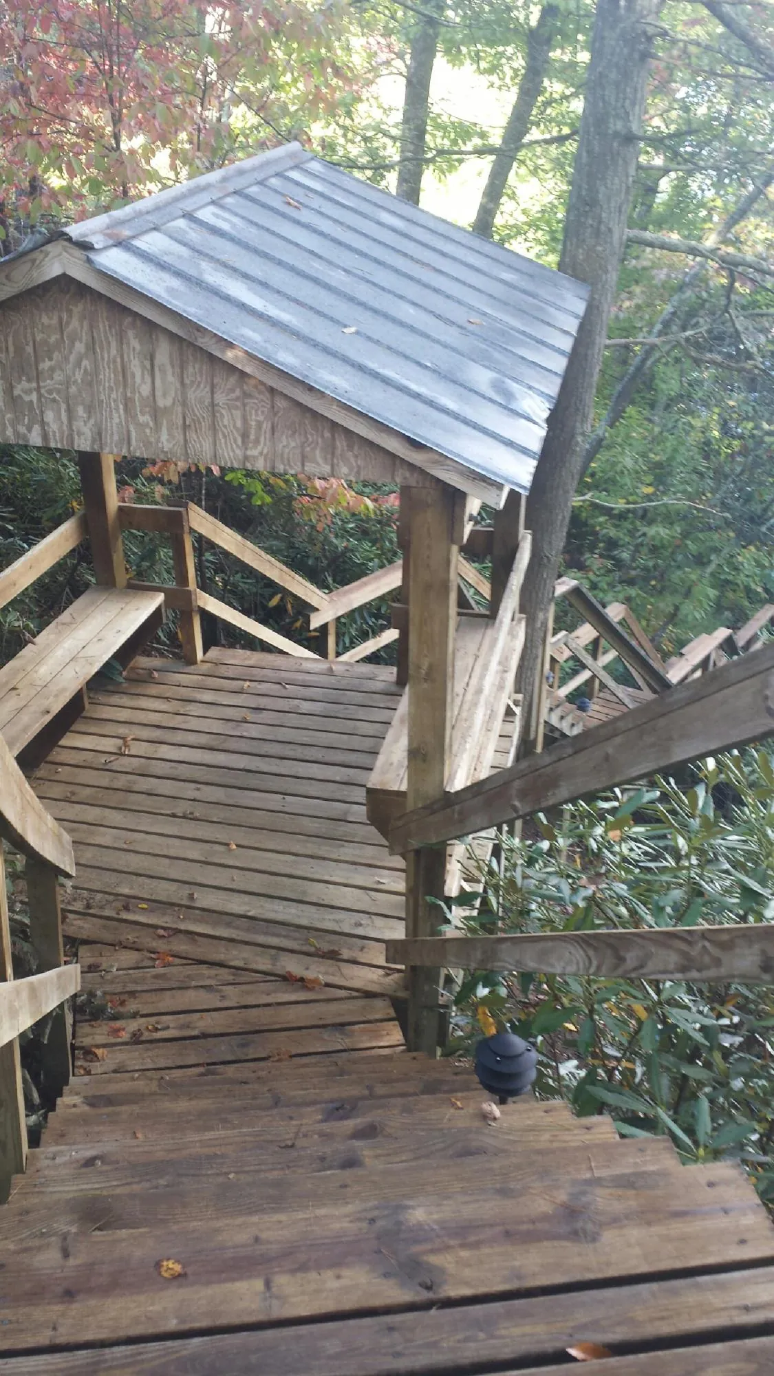 Metal roofed shelter over wooden steps on a wooded walkway — Skylight Repair & Installation work by our crew in Orderville